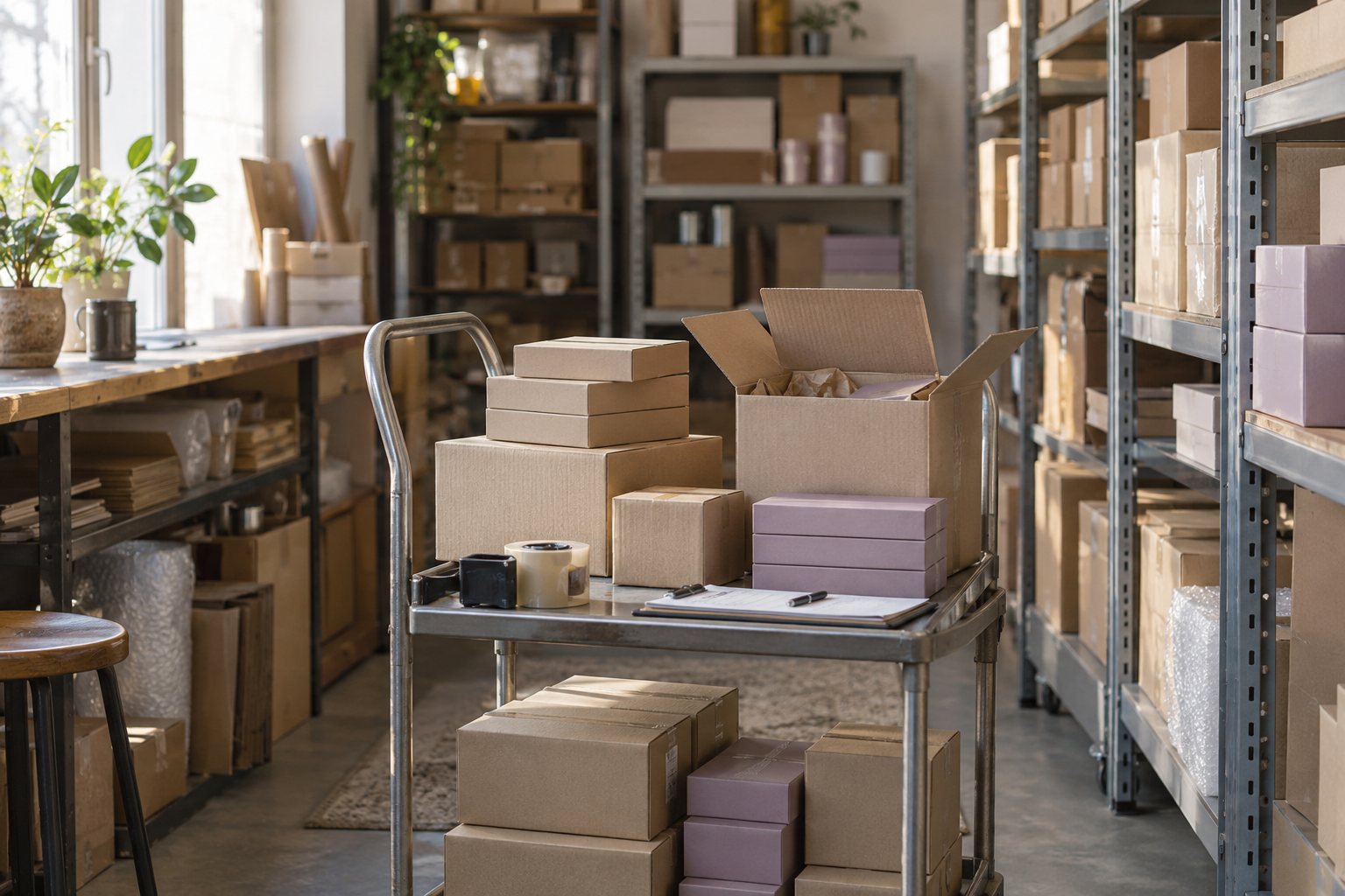 Illustrative stockroom trolley with products prepared for marketplace listings