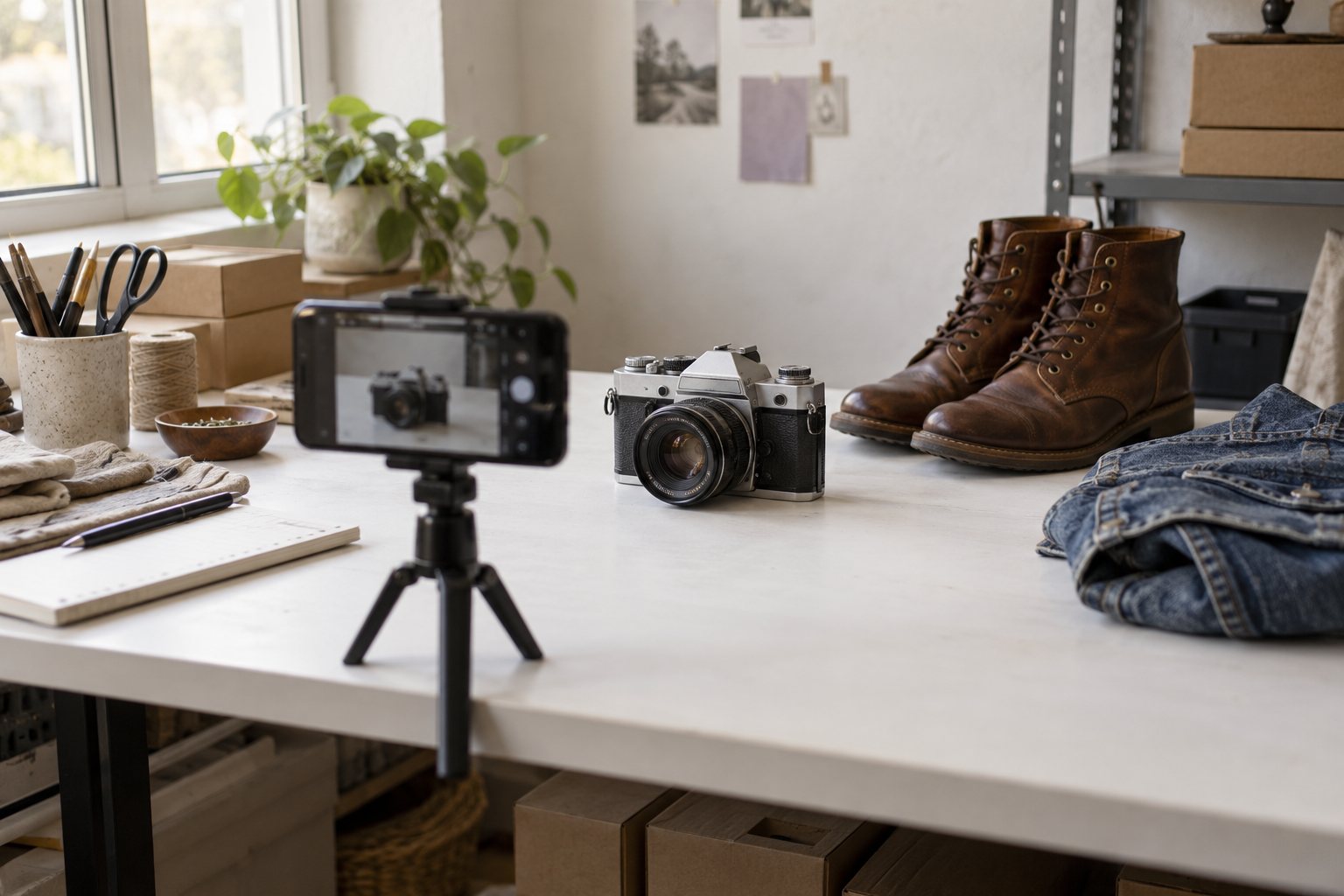Illustrative resale products being prepared for marketplace photography
