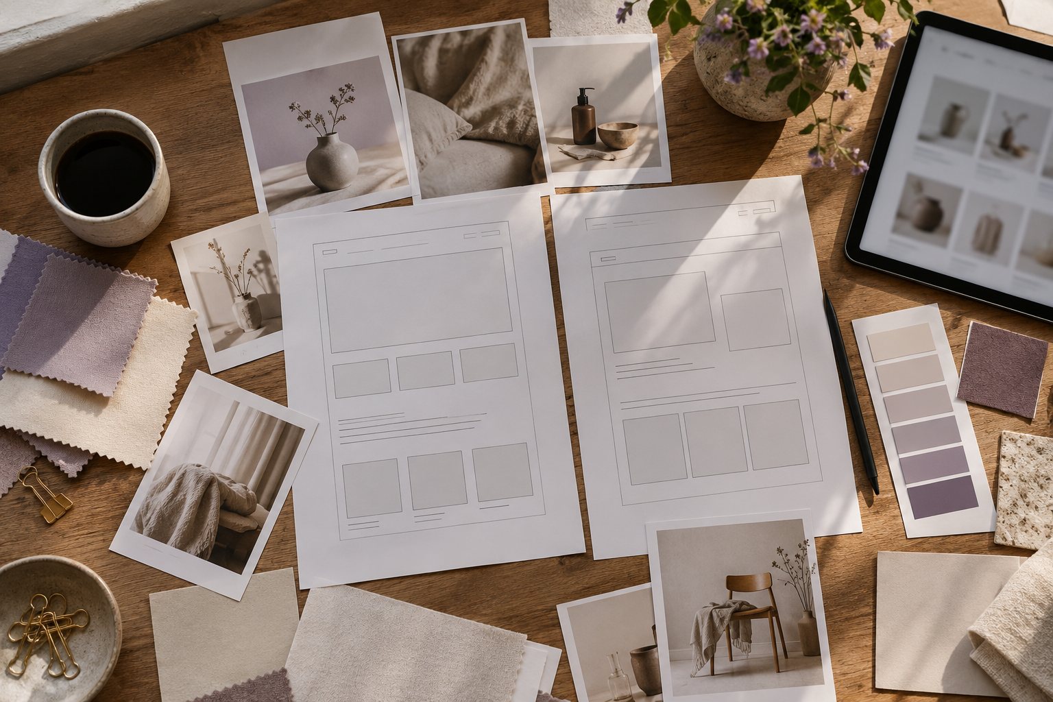 Illustrative storefront layouts, product imagery and colour samples