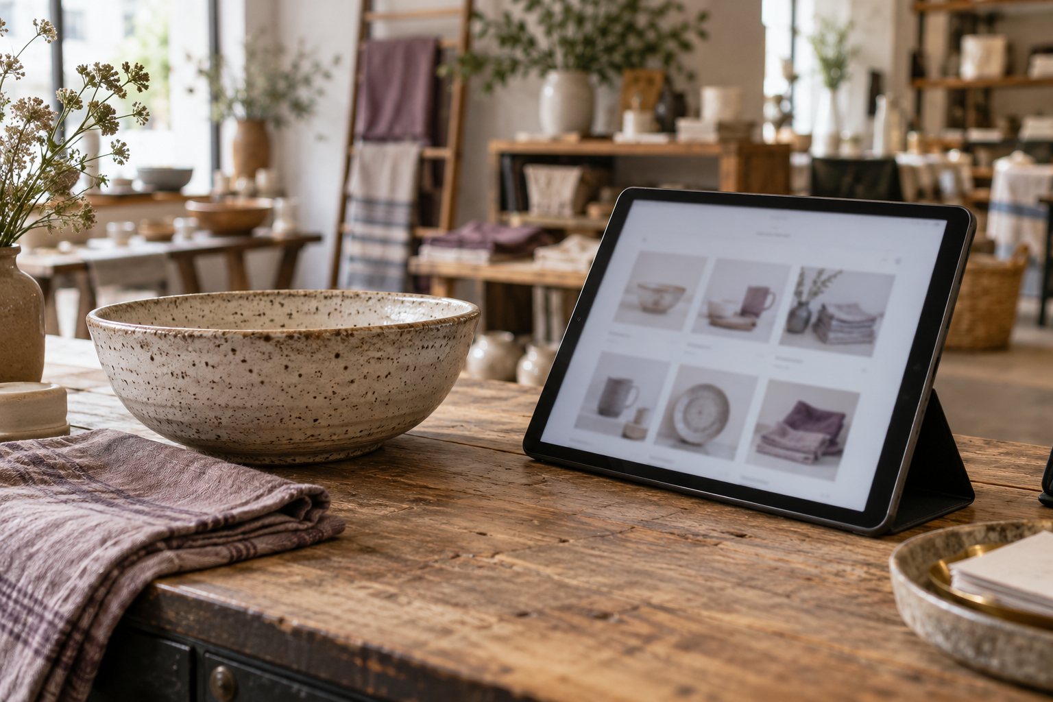 Illustrative homewares product and tablet storefront on a retail counter
